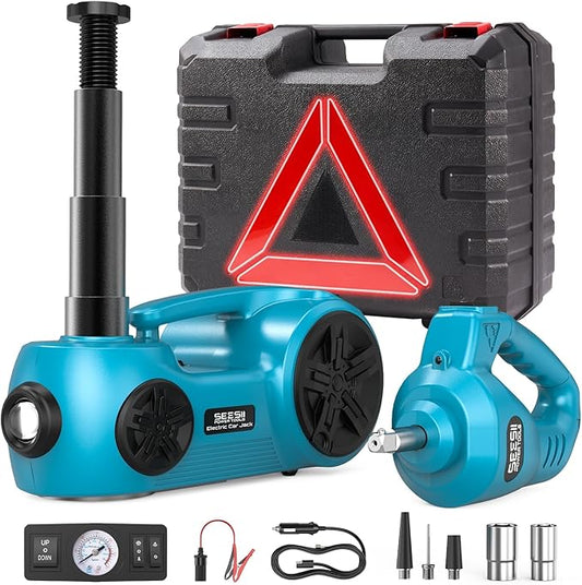 SEESII Electric Car Jack Kit: 5 Ton 12V Hydraulic car Jack with Impact Wrench and Tire Inflator Pump, 17.7 Inch Lift Range 3in1 Floor Jack Lift for SUV MPV Sedan Truck Change Tires Garage Repair