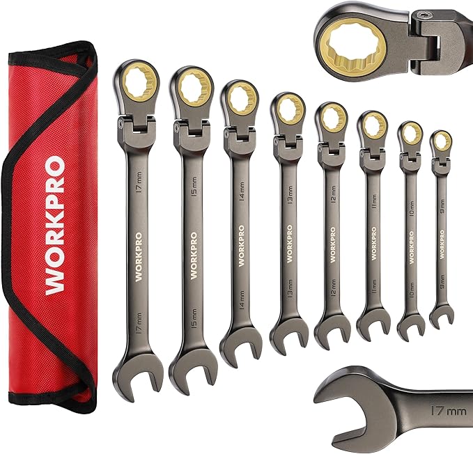 WORKPRO 8-piece Flex-Head Ratcheting Combination Wrench Set, Metric 9-17 mm, 72-Teeth, Cr-V Constructed, Nickel Plating with Organization Bag