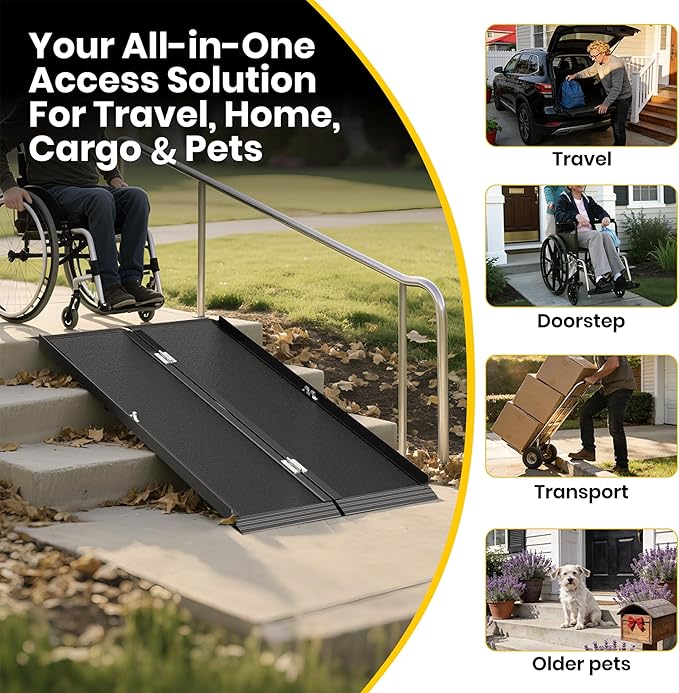 4FT Portable Wheelchair Ramp with Quick-Lock, Black Seamless Non-Slip Aluminum Folding Handicap Ramp,Threshold Ramp for Doorways, Wheel Chair Ramp for Home Steps, Loading Dock Plates