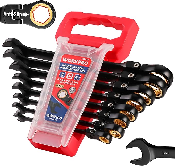 WORKPRO 8-piece Flex Head Ratcheting Wrench Set, Anti-slip Set SAE 5/16-3/4 inch, 72-Teeth, Cr-V Constructed, Black Electrophoretic Coating with Rack Organizer