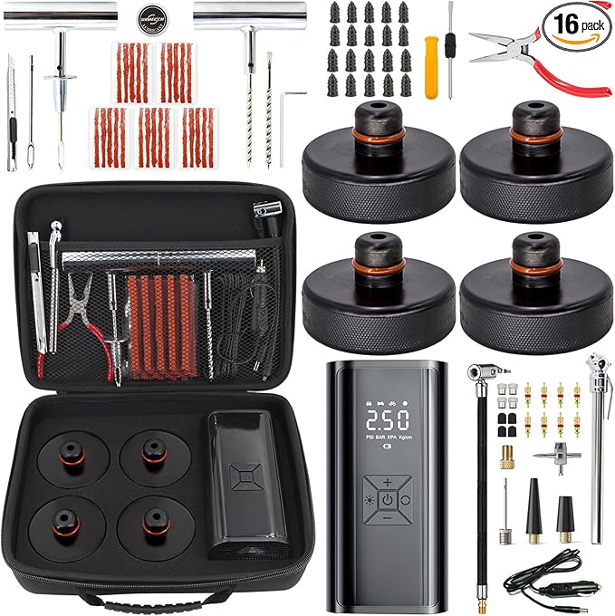 4PCS Lifting Jack Pad for Tesla Model 3/Y/S/X with Tire Repair Kit & Digital Tire Inflator Pump Air Compressor - Rubber Floor Jack Pucks Adapter, Portable Car Tire Repair Tool Kit