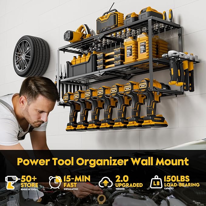 Heavy Duty Power Tool Organizer Wall Mount - Drill Holder Wall Mount with Screwdriver Organizer,Cordless Drill Hanger Storage Rack,for Garage Organization, Workshop,Pegboard, Shed - Gifts for Men