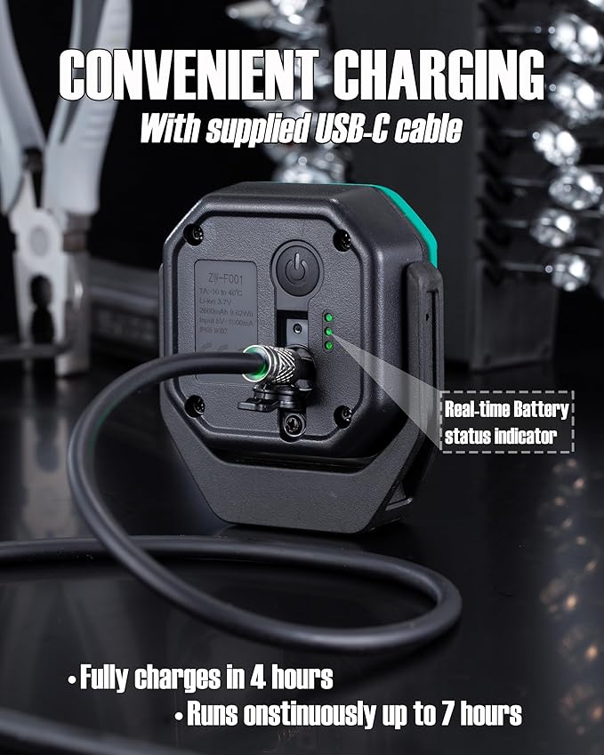 Work Light, 700 Lumen Rechargeable Magnetic Light with 3 Modes & 360° Pivoting Head for Mechanics & Outdoor Use (Green)