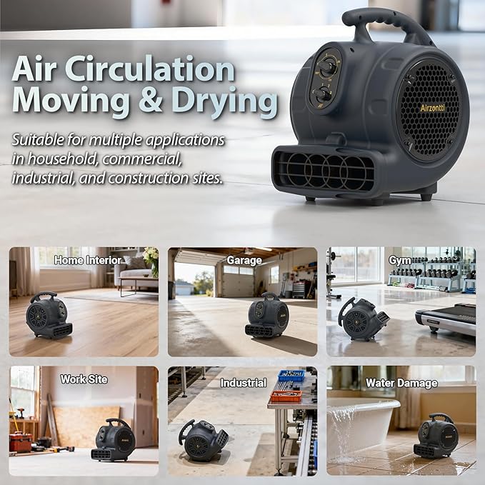 1/4 HP 1100 CFM Industrial Air Mover Blower Fan, High Velocity Floor & Carpet Dryer, 3-Speed Heavy Duty Utility Fan with 3-HR Timer for Water Damage Restoration, ETL Listed - Charcoal Blue