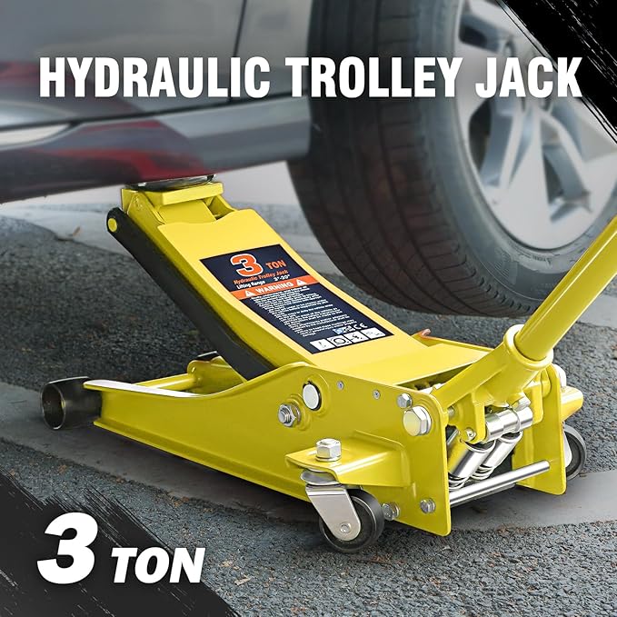 PM PERFORMOTOR Low Profile Hydraulic Trolley Service/Floor Jack, 3 Ton (6000 lbs) Capacity, Lifting Range 3"-20",Yellow,PM-TOL-FJ30-YL