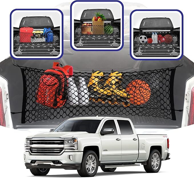 Envelope Style Trunk Mesh Cargo Net for Chevy Silverado Accessories 2013-2026 - Premium Trunk Organizers and Storage - Cargo Net for Pickup Truck Bed - Truck Bed Net for Chevy Silverado