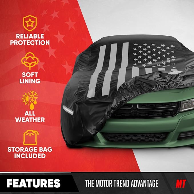 Motor Trend Black USA Flag Waterproof Car Cover - All Weather Outdoor Protection, UV Resistant, Windproof, Scratchproof - Semi-Universal Fit Sedan Full Car Cover for Sun Rain Snow (191”- 210” Length)