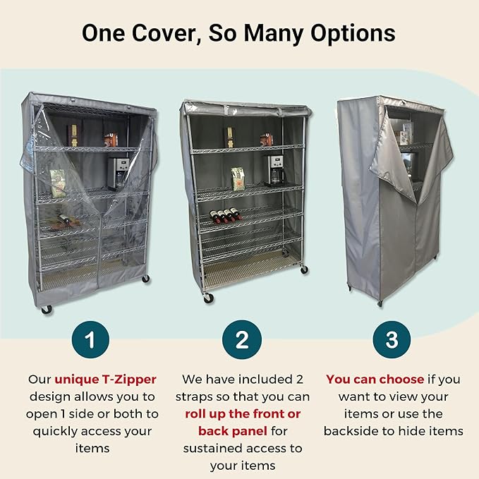 Formosa Covers Premium Clear Front Wire Shelf Cover Grey - Heavy-Duty Storage Solution Wire Rack Cover (60”Wx24”Dx75”H) - Waterproof PVC, Water/Dust Resistant Fabric, Multi Zipper (No Shelf)