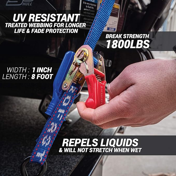 Jetski Ratchet Tie Down Strap - Made in NZ - 1" x 8' Heavy Duty With Floating PVC Hook - for Jetskis, Seadoo, Waverunner & PWCs - 1,800lbs Break Strength - 1 Strap (Blue)