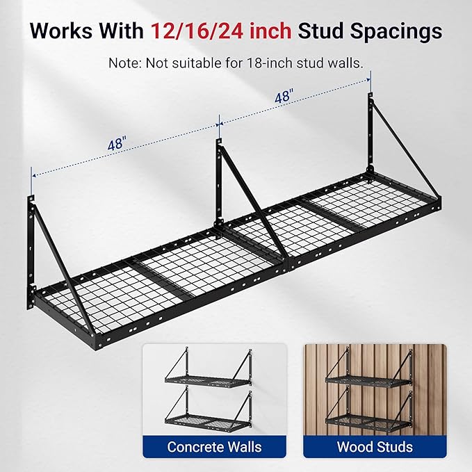 FLEXIMOUNTS 2-Pack 2x4ft Garage Wall Shelving with 4 Hooks - Heavy Duty Garage Storage System, 660 lbs Load Capacity with Brace Guardrail, Wall Mounted Organization for Bikes, Tools, Bins, Pro Series