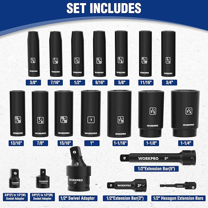 WORKPRO 20-Piece 1/2＂ Drive Deep Impact Socket Set, 6-Point, Cr-V Steel, 10-27mm, Universal Joint, Adapter and Extension Bar, SAE