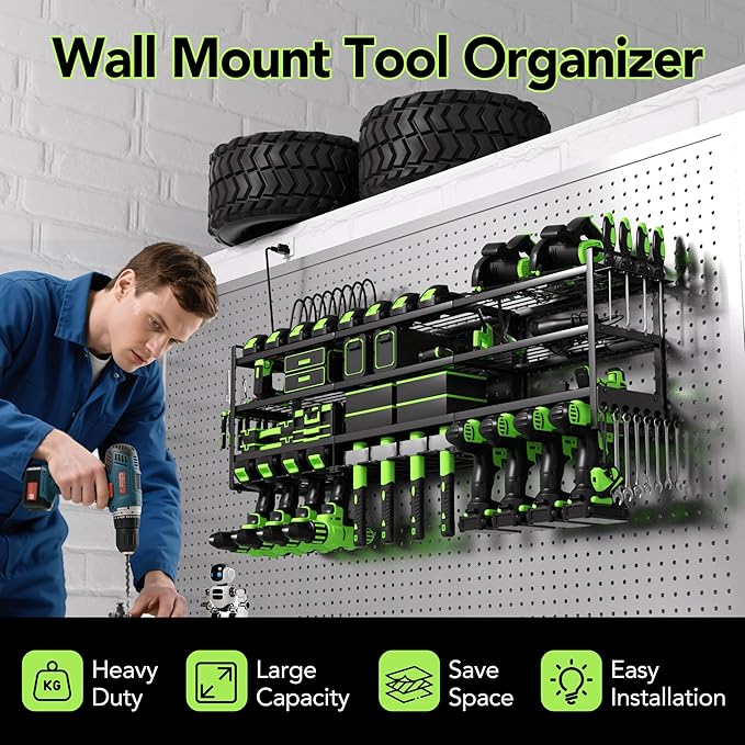 Power Tool Organizer Wall Mount with Charging Station – 12 Drill Holder Rack with 8-Outlet Power Strip, Heavy Duty Garage Battery Charging Station, Tool Storage Rack for DeWalt, Milwaukee