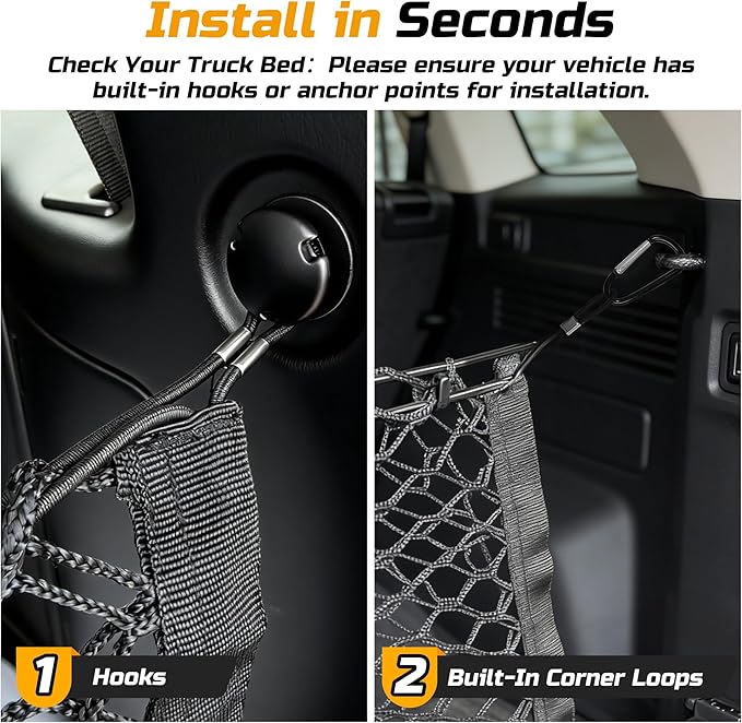 Truck Bed Cargo Net, 49" x 18" (Stretches to 59" x 18'') Envelope Style Organizer, Fits Ford F150, Chevy Silverado, RAM 1500, GMC Sierra, Heavy Duty Mesh with 4 Metal Carabiners for Groceries & Gear