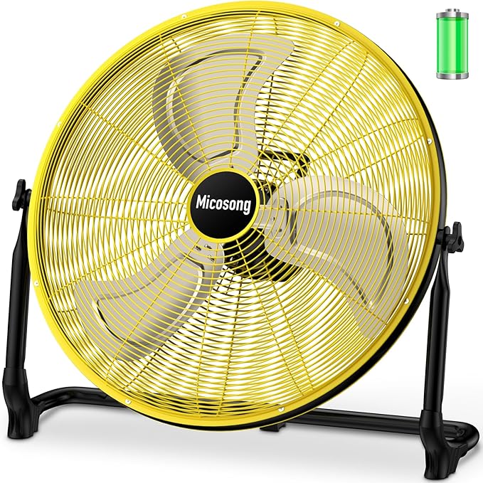 20" Large Battery Fan, Portable Battery Operated Floor Fan, Rechargeable Battery Powered Fan Outdoor, 360° Tilt, USB Output, Wireless, Hi-Airflow, for Home Garage Greenhouse Outside Gym
