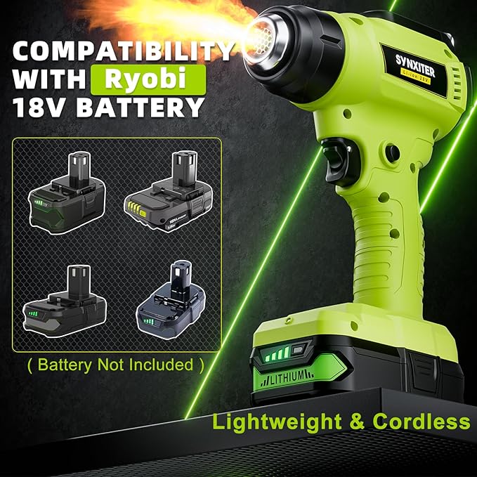 Compatible with Ryobi 18V Battery Cordless Heat Gun, 350W LED Light, Quick Heat Welded Heat Gun 122°F - 120°F Variable Temperature Control with 4 Nozzles and Scraper for Crafts(No Battery)