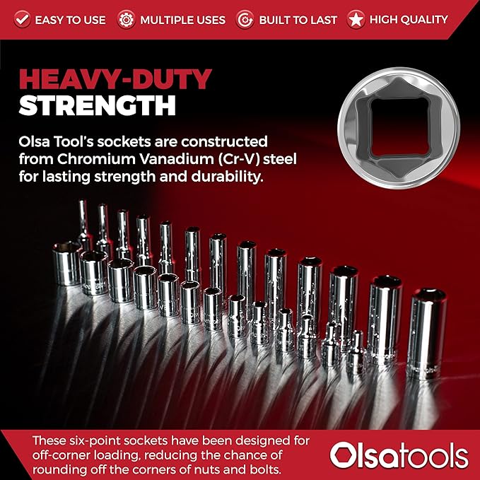 Olsa Tools SAE Deep Socket Set - 3/8-Inch Drive, 13pc - 6-Point Chrome Sockets from 1/4" to 1" and No Skipped Sizes - Mechanic Deep SAE Socket Set - Professional Grade Long Sockets - Part: 1332