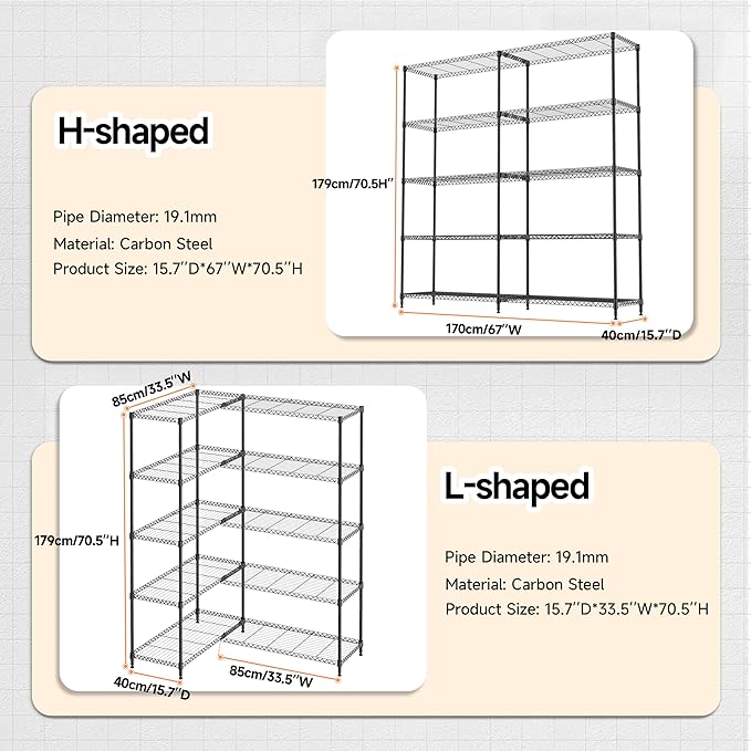 M MZG 5 Tiers Storage Shelves Load 1500LBS, Metal Shelving Wire Metal Shelving Unit Shelves for Storage Adjustable Garage Shelving for Pantry Kitchen Garage Black 15.8" D x 33.5" W x 70.5" H