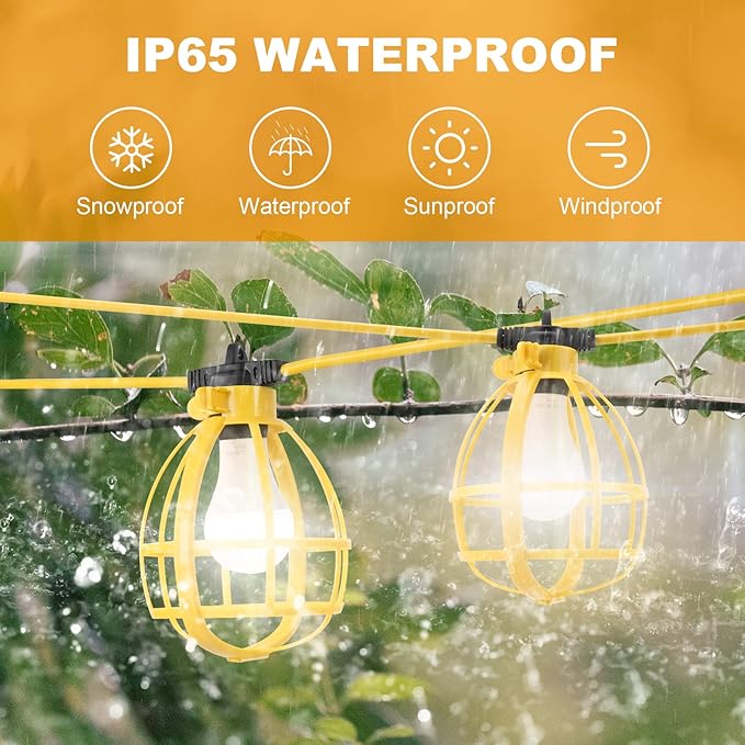 Construction String Lights, 50FT 50W 5 Bulbs Work Lights with E26 Base, IP65 Waterproof, 4000LM 6500K Indoor & Outdoor Temporary Lighting for Workshop, Mine cave, Job Site