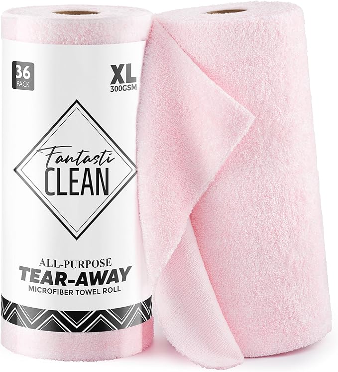 Fantasticlean Tear-Away Microfiber Cleaning Cloth Roll, 12'' by 12''- 36 Sheets, Thick & Large Detailing Towels, Ultra Absorbent, Lint-Free Reusable Wipes for Home, Car or Outdoor (Glossy Pink)