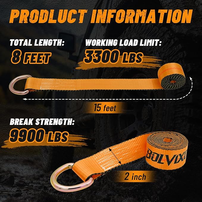 8 Pack 2" x 96" Lasso Strap - 9900LBS Break Strength - D Ring Auto Tie Down for Wheel Lift, Trailer, Tow Truck(Orange)