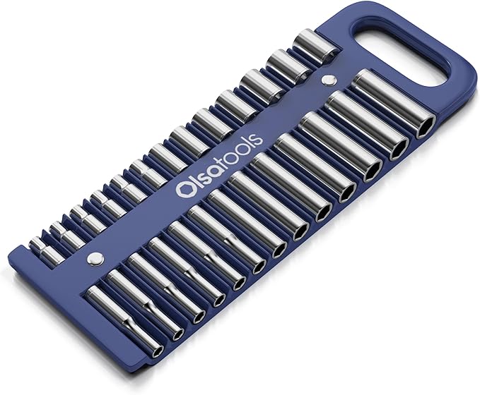 Olsa Tools Magnetic Portable Socket Organizer Tray - 1/4-Inch Drive Blue Holder for Deep & Shallow Sockets - Professional Tool Holder and Organizer - Holds up to 5/8" SAE or 14mm Metric - Part: 1078