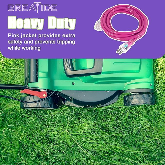 Outdoor Extension Cord with Lighted End, 12 Gauge Heavy Duty 25 FT, 3 Prong Grounded 15 Amp Extension Cord, 12/3 SJTW Waterproof Power Cord for Appliance, UL Listed, Pink