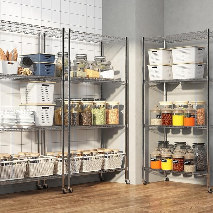 Homdox Heavy Duty 4-Tier Metal Shelving Unit with Adjustable Shelves, Rolling Storage Rack for Kitchen, Garage, Pantry, 36.02"x17.91"x74.41", Silver