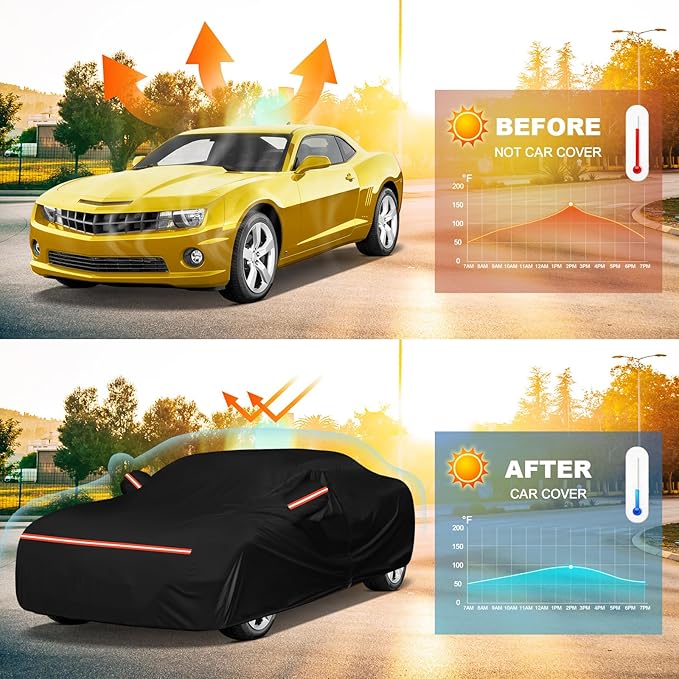 QUNSUNUS 6 Layer Car Cover for Chevy Camaro 1967-2024 Waterproof All Weather 210D Windproof for Camaro Car Cover Hail Protection with Zipper