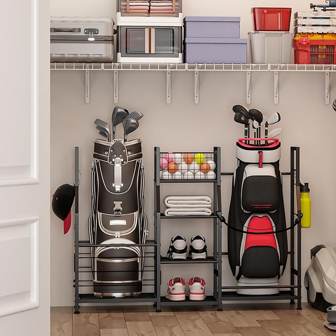 Sonyabecca Garage Sports Equipment Organizer 2 Golf Bag Stand Golf Storage Organizer for Garage with Basket and Hooks, Storage Rack for 2 Golf Bag, Golf Gift for Men, Two Assembly Methods