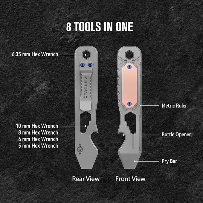 OKNIFE Otacle 2 EDC Ti Bottle Opener, Pry Bar with Metric Ruler, Multi-sized Hex Wrench and Pocket Clip(Gray)