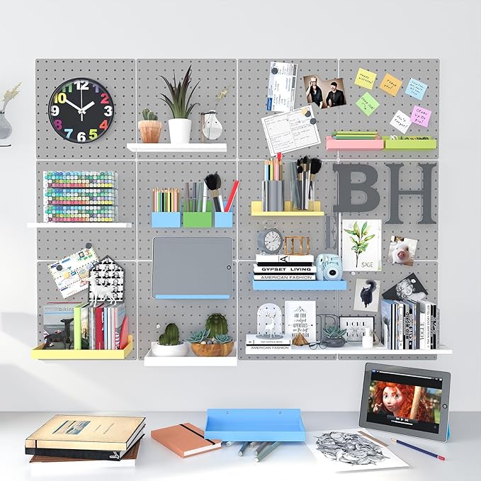 Peg Board, 4 Pack Metal Pegboard Panels Grey Pegboards Wall Organizer with Bent Frame Large Heavy Duty Peg Board for Walls Home, Garage Tool Storage, Office Organization, Craft Room, Kitchen