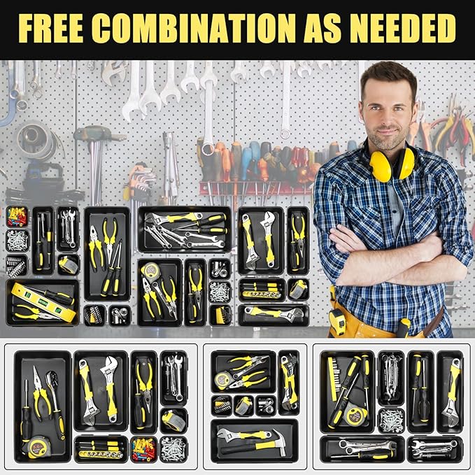 60PCS Tool Box Organizer Tray Divider, More Large Sizes-5 Sizes Desk Drawer Organizers Garage Tool Organizer and Storage, Black Plastic Tray Organizer Bins for Home Office Supplies and Tools
