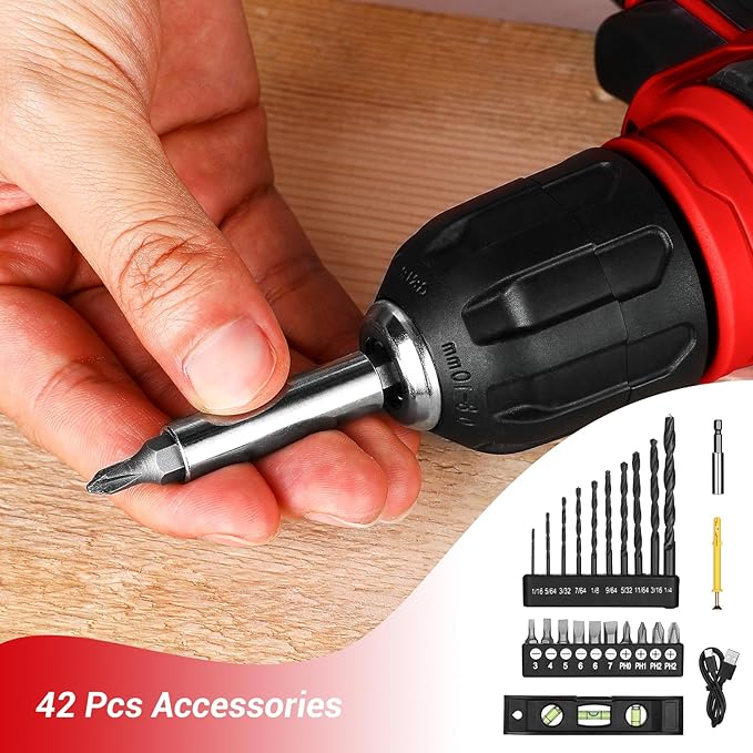 DEKOPRO 8V Cordless Drill, Drill Set with 3/8"Keyless Chuck, 42pcs Acessories, Built-in LED, Type-C Charge Cable, Red Power Drill for Drilling and Tightening/Loosening Screws