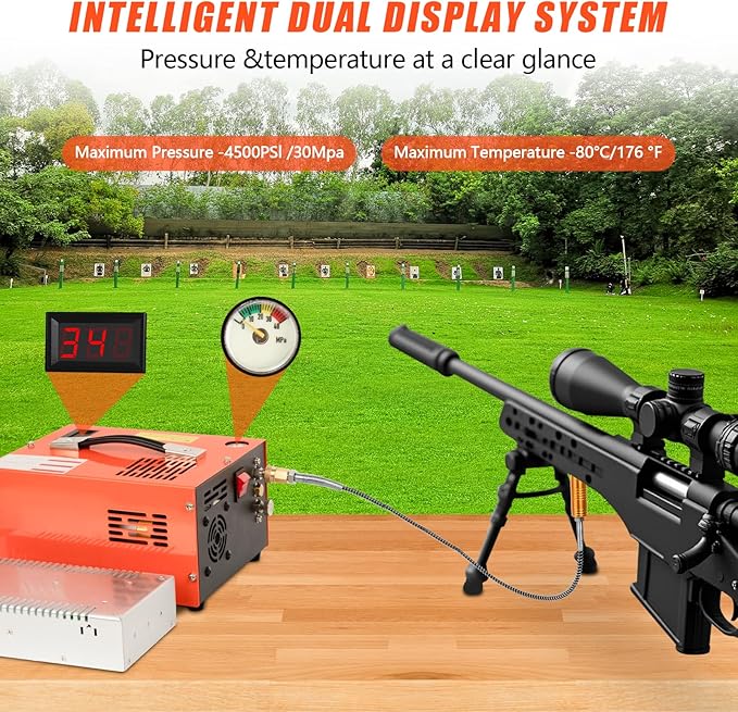 PCP Air Compressor, 4500PSI Portable PCP Compressor, 12V DC/110V AC PCP Airgun Compressor Manual-stop, w/External Power Adapter, Built-in Fan, Suitable for Paintball, PCP Rifle, Pistol, Scuba Bottle