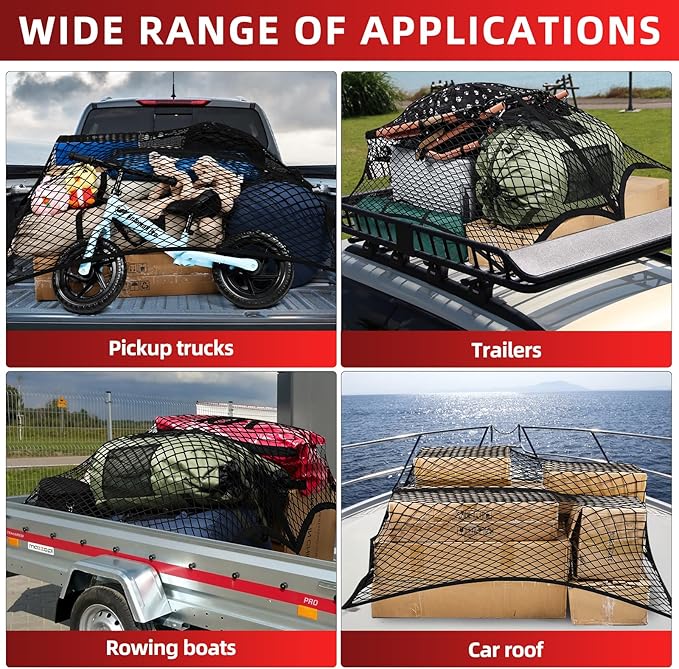 Cargo Net for Pickup Truck Bed - Heavy Duty Stretchable 4x4 to 8x8 Elastic Mesh with 8 Heavy-Duty Steel Hooks, Windproof Design Secures Loose Items for Trucks, SUVs, ATVs & Boats