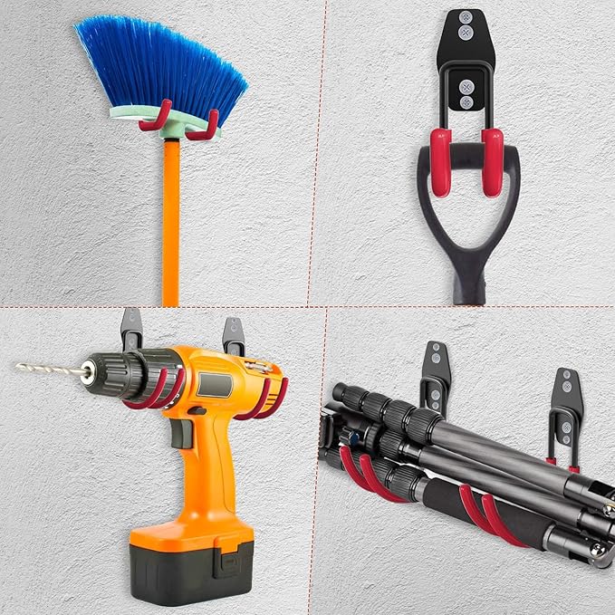 3-H Garage Wall Hooks 10 Pack,Garage Hooks Heavy Duty,Garage Storage Hooks for Hanging and Organizing Garden,Lawn,Yard Tools,Chairs,Ladders,Weed Eater,Shovel,Blower(Red)