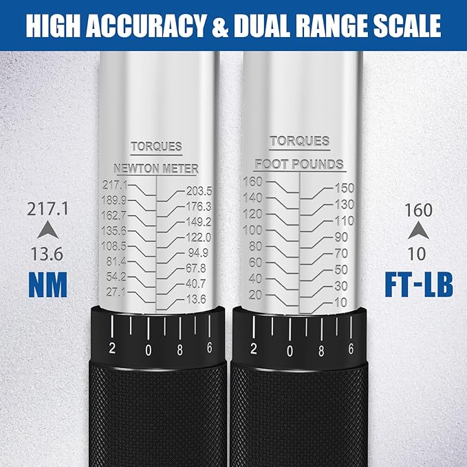 XJX 1/2-Inch Drive Click Torque Wrench Set, 10-160FT-LB/13.6-217.1Nm Torque Wrench