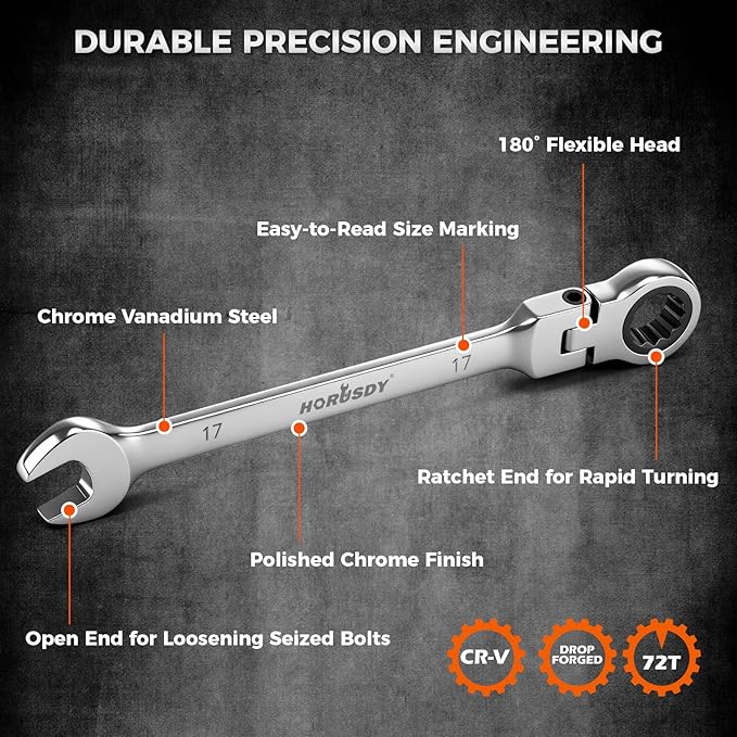 HORUSDY 12-Piece Metric Flex-Head Ratcheting Wrench Set 8-22mm, CR-V Ratchet Combination Wrenches with 72T 180° Flex Head, Magnetic Holder & Tool Bag for Auto, Motorcycle, Home & Repair