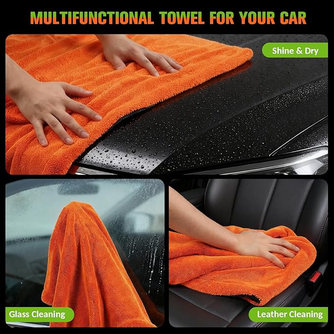 48”x24” Car Drying Towel, XXL Dual Sided Microfiber SUV Cleaning Towel 1300GSM Lint-Free & Scratch-Free Super Absorbent RV Drying Cloth Machine Washable (Black-BrightOrange)