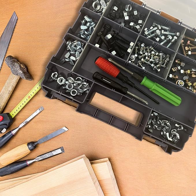 Double Side Tool Box Organizer, Hardware Storage Box, Portable Small Parts Organizer with Removable Plastic Dividers for Screws, Nuts, Nails, Bolts, Grey
