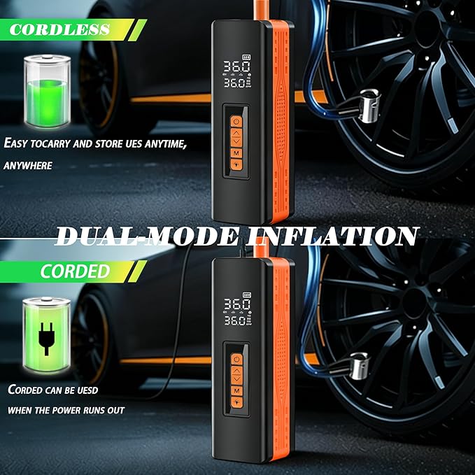 Tire Inflator Portable Air Compressor, 5X Faster 150 PSI Portable Tire Inflator for Car, Built-in Magnetic Storage, Auto Shut-Off Cordless Air Pump, LED Light for Cars, Motor, Bikes (Orange and black)