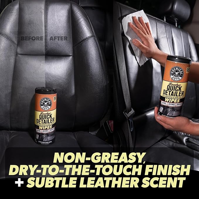 Chemical Guys Leather Cleaning Quick Detailer Wipes (Works on Natural, Synthetic, Pleather, Faux Leather and More) On The Go Car Care Accessory (30 Ct)