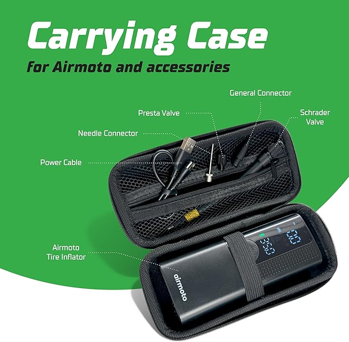 Airmoto and Carrying Case Bundle Deal - Tire Inflator Portable Air Compressor with Hard Case - Air Pump for Car Tires, Motorcycle, Bicycle - Cordless Tire Pump with Tire Pressure Gauge