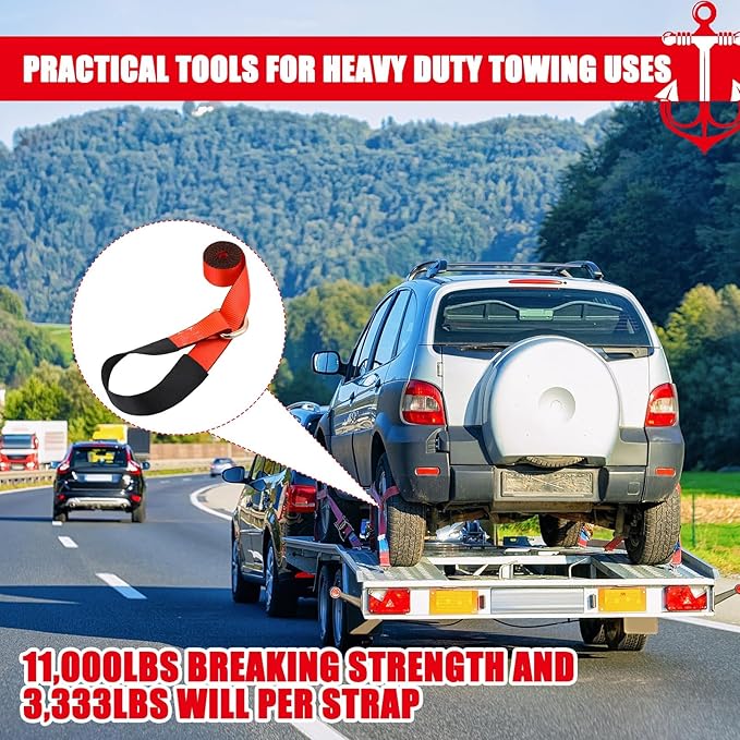 Lasso Tow Truck Straps with D Ring 11, 000 Lbs Break Strength D Ring Auto Tie Down Wheel Lift Trailer Strap for Hauling Utv SUV Wrecker Rollback