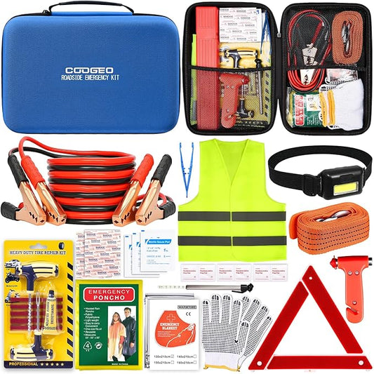 15PC Car Emergency Kit with Jumper Cables, Roadside Assistance Safety Kit for Auto & Truck, Includes Safety Hammers, Tow Strap, Warning Triangle, First Aid, Gifts for Young Men or Women, Blue