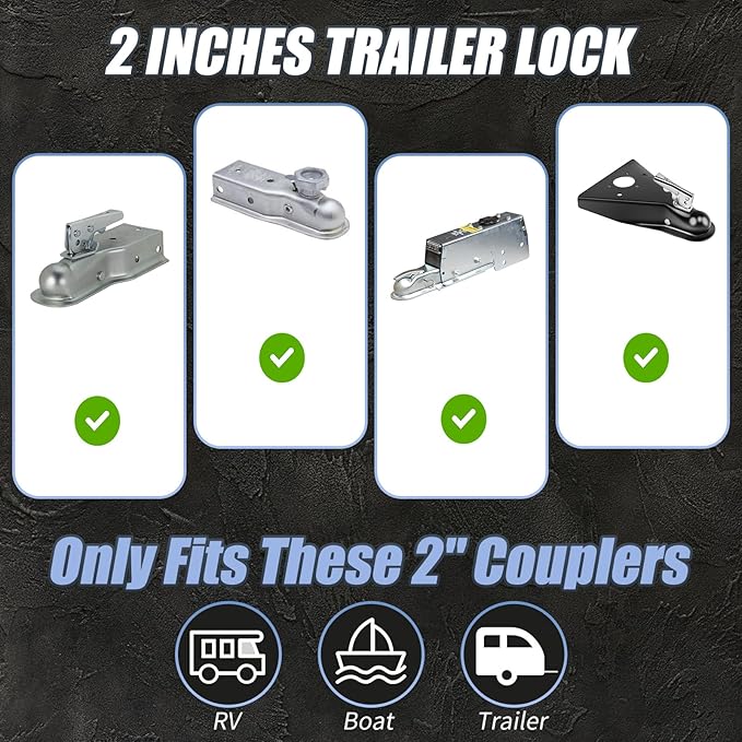 Trailer Hitch Lock for 2 Inch Coupler with Safety Chain Lock, Heavy Duty Anti-Theft Trailer Tongue Coupler Lock for RV, Boat, Utility & Cargo Trailers (Black)