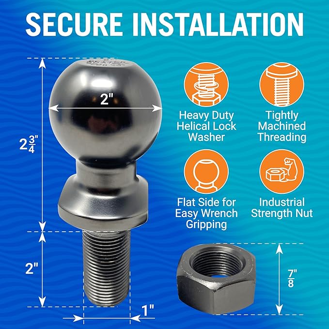 Better Boat 2 Inch Trailer Ball Hitch, 6000lbs Capacity, 1" Shank Diameter, 2" Long, Marine Grade Tow Ball for Boats or Towing