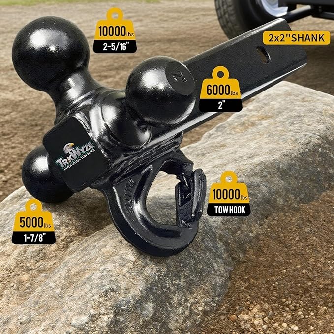 Trailer Hitch, Premium Black E-Coated Tri Ball Hitch with Tow Hook, 1 7/8 Ball Hitch, 2 inch Ball Hitch, 2 5/16 Ball Hitch, Rust-Resistant 2 inch Receiver Hitch, 10,000 lbs GTW (Locking Pin)
