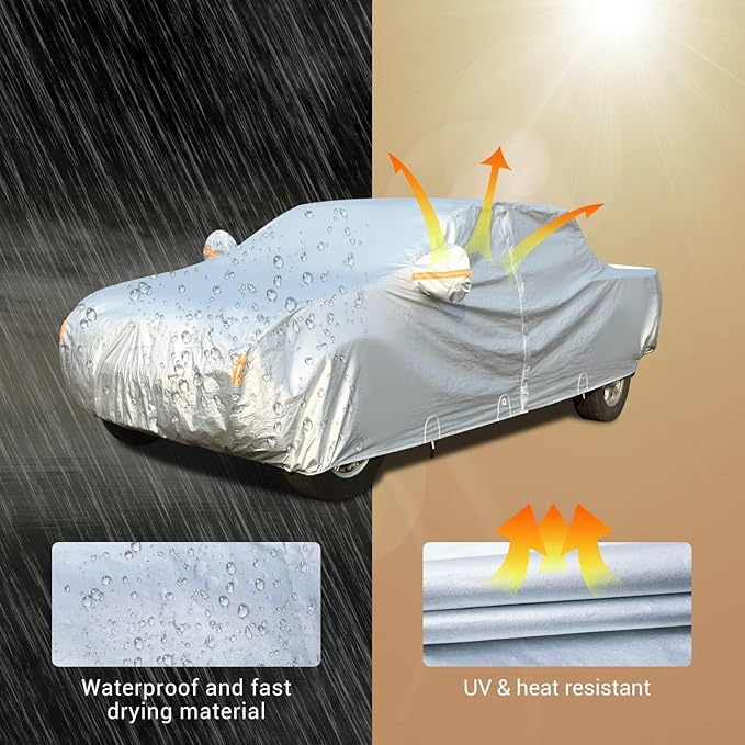 Tecoom Truck Car Cover Waterproof, 3-Layer Pickup Cover with Fleece Lining & Zipper Door/Lock, Outdoor Snow Rain All Weather Protection, Universal Fit Regular/Extended/SuperCrew Cab