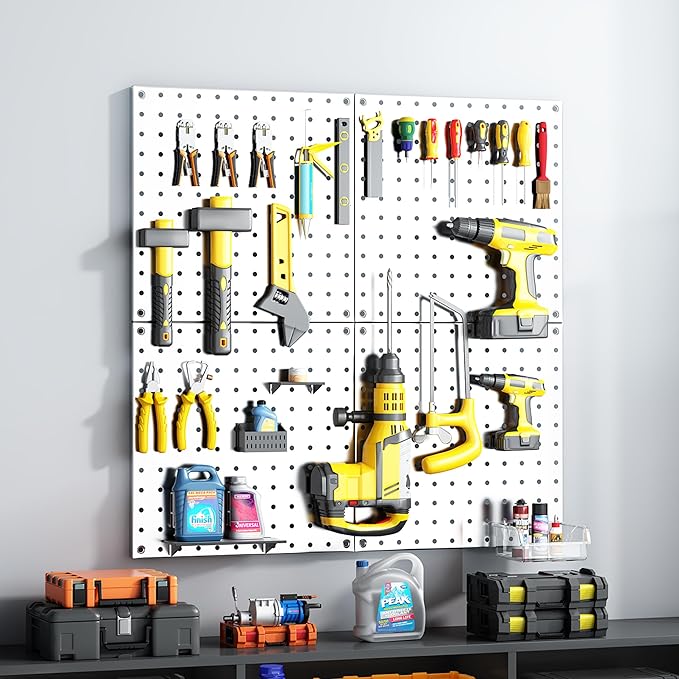 Peg Board, 68PCS Heavy Duty Metal Pegboard with Hooks, 4 Pack White Peg Board Panels, 50lbs Load Capacity Each, Pegboard Wall Organizer for Garage, Workshop, Craft Rooms Total 24” x 24”